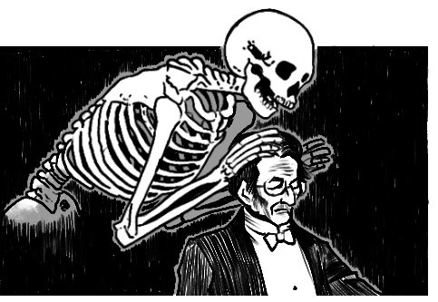 A pen illustration of a skeleton looming over a well dressed man, hands cradling his skull.